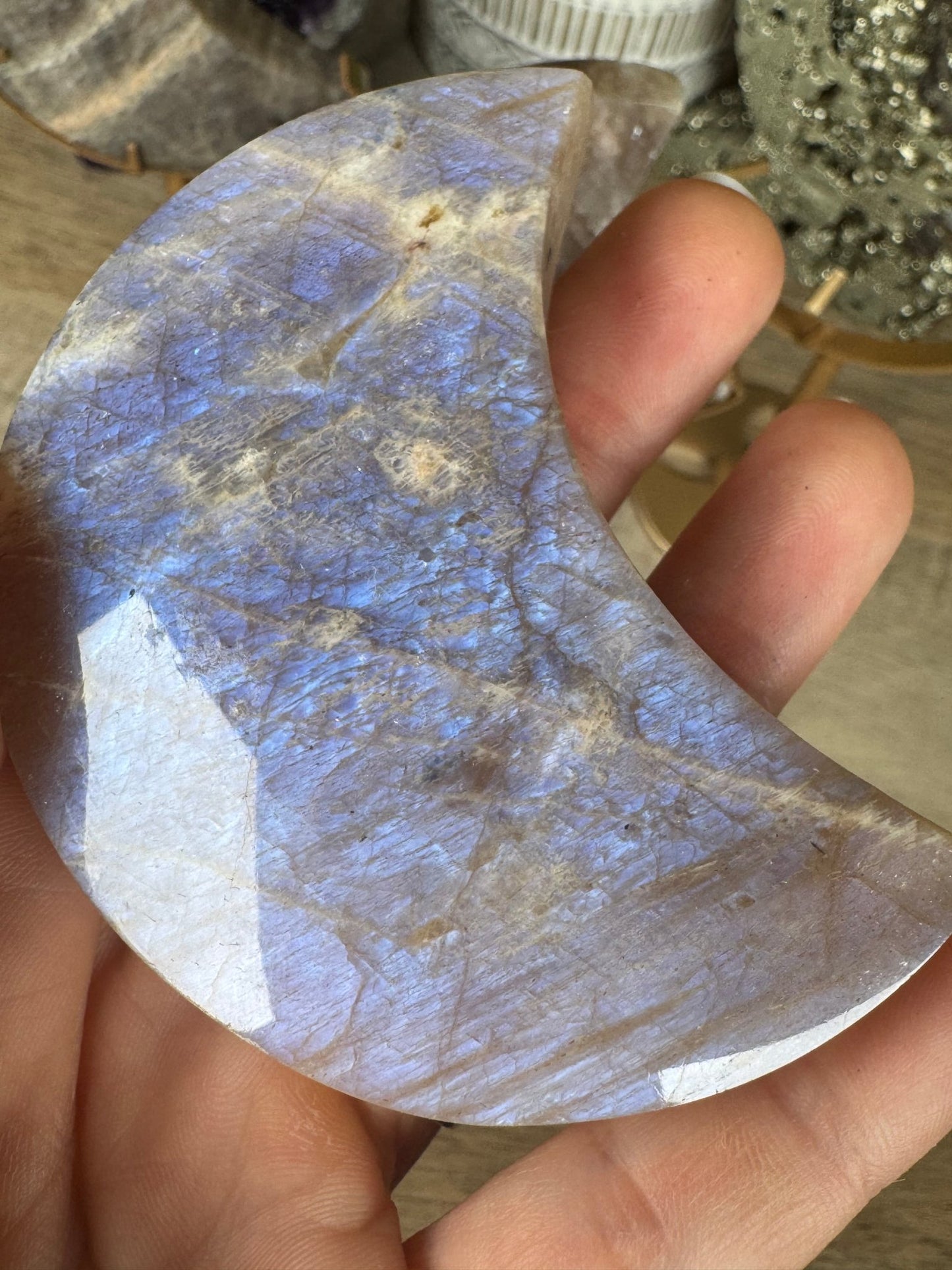 Blue Flash Moonstone Sunstone Crescent Moon on stand - Purple Door Alchemy