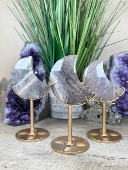 Blue Flash Moonstone Sunstone Crescent Moon on stand - Purple Door Alchemy