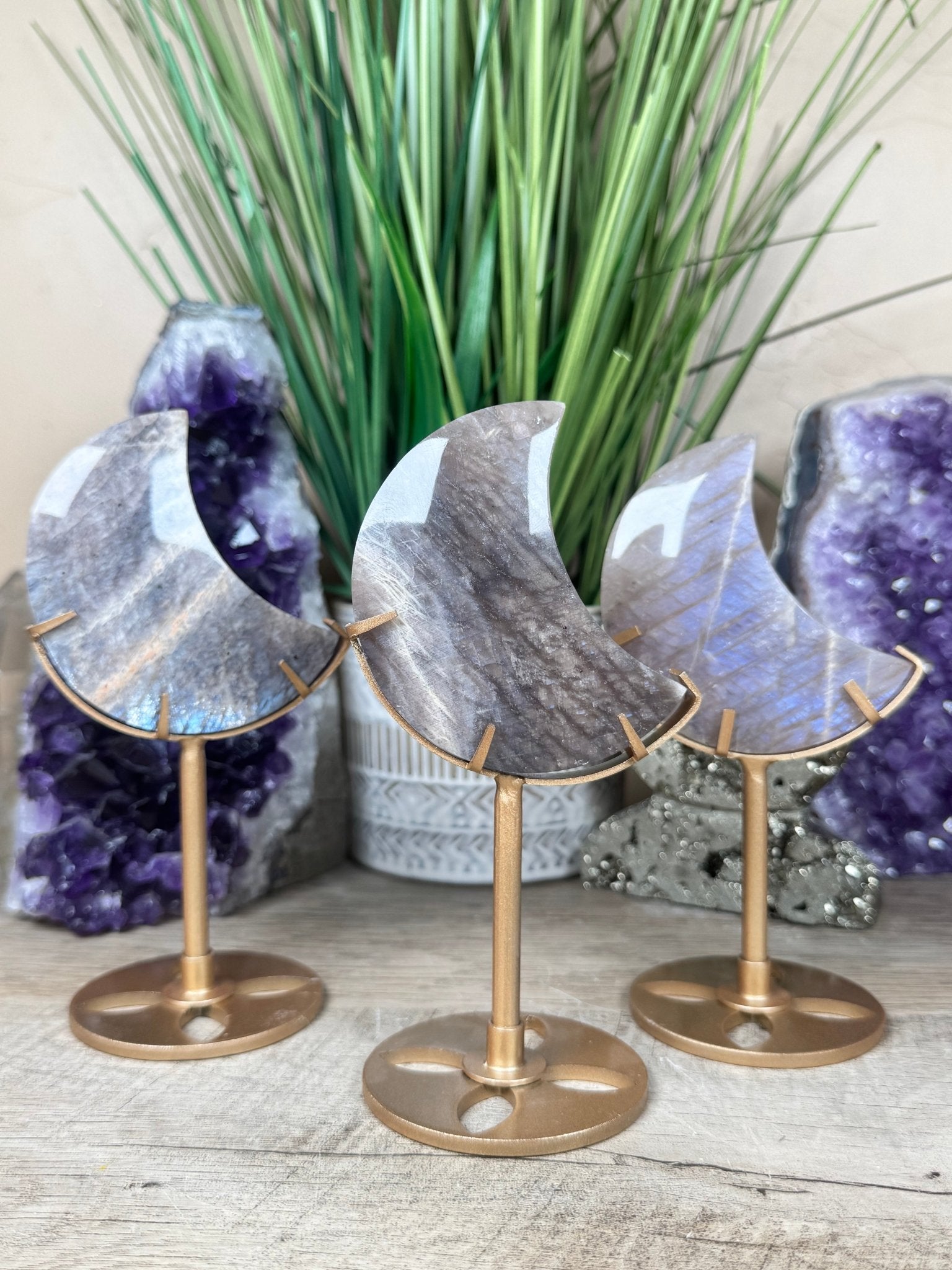 Blue Flash Moonstone Sunstone Crescent Moon on stand - Purple Door Alchemy