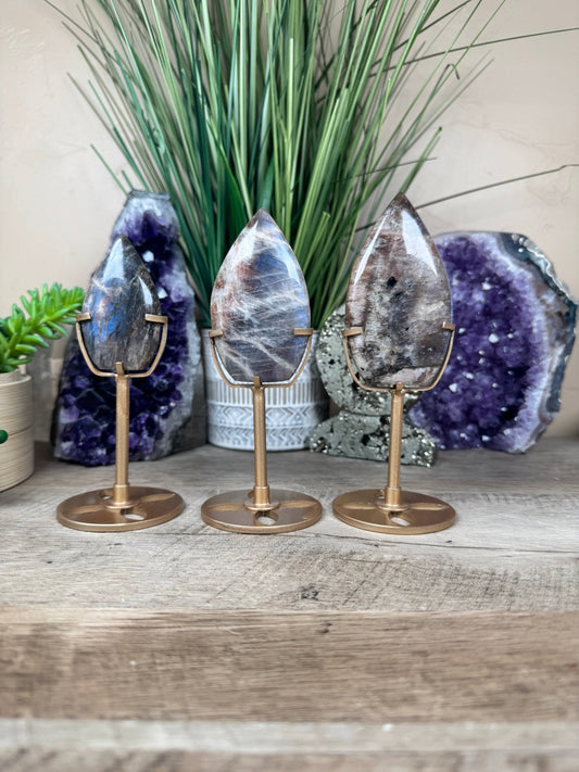 Blue Flash Moonstone Sunstone Flame on stand - Purple Door Alchemy
