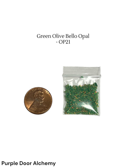 Crushed Synthetic Green Olive Opal - Bello Opal - OP21 - Purple Door Alchemy