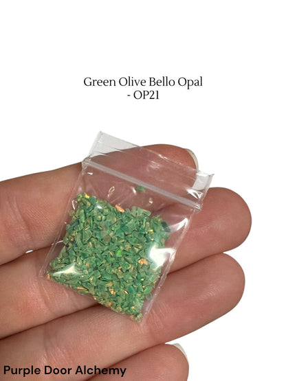Crushed Synthetic Green Olive Opal - Bello Opal - OP21 - Purple Door Alchemy
