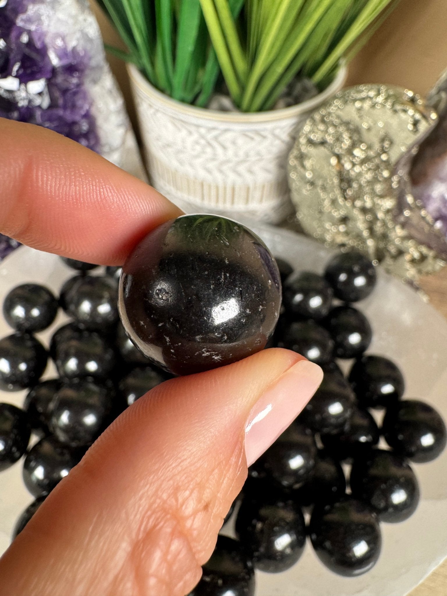 Mini Black Tourmaline Spheres - Purple Door Alchemy