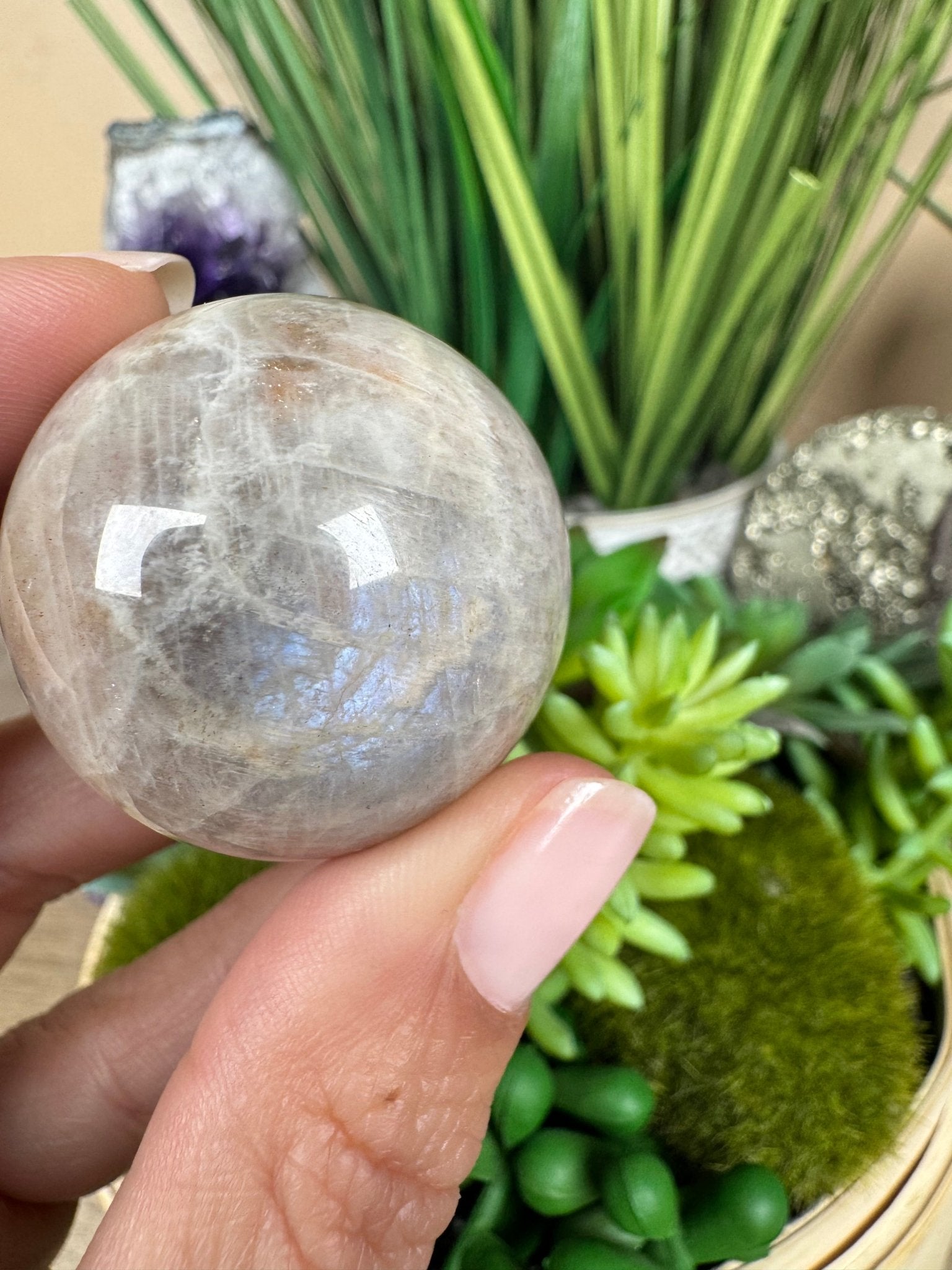 Moonstone Sunstone Sphere 33mm/1.33in - Purple Door Alchemy