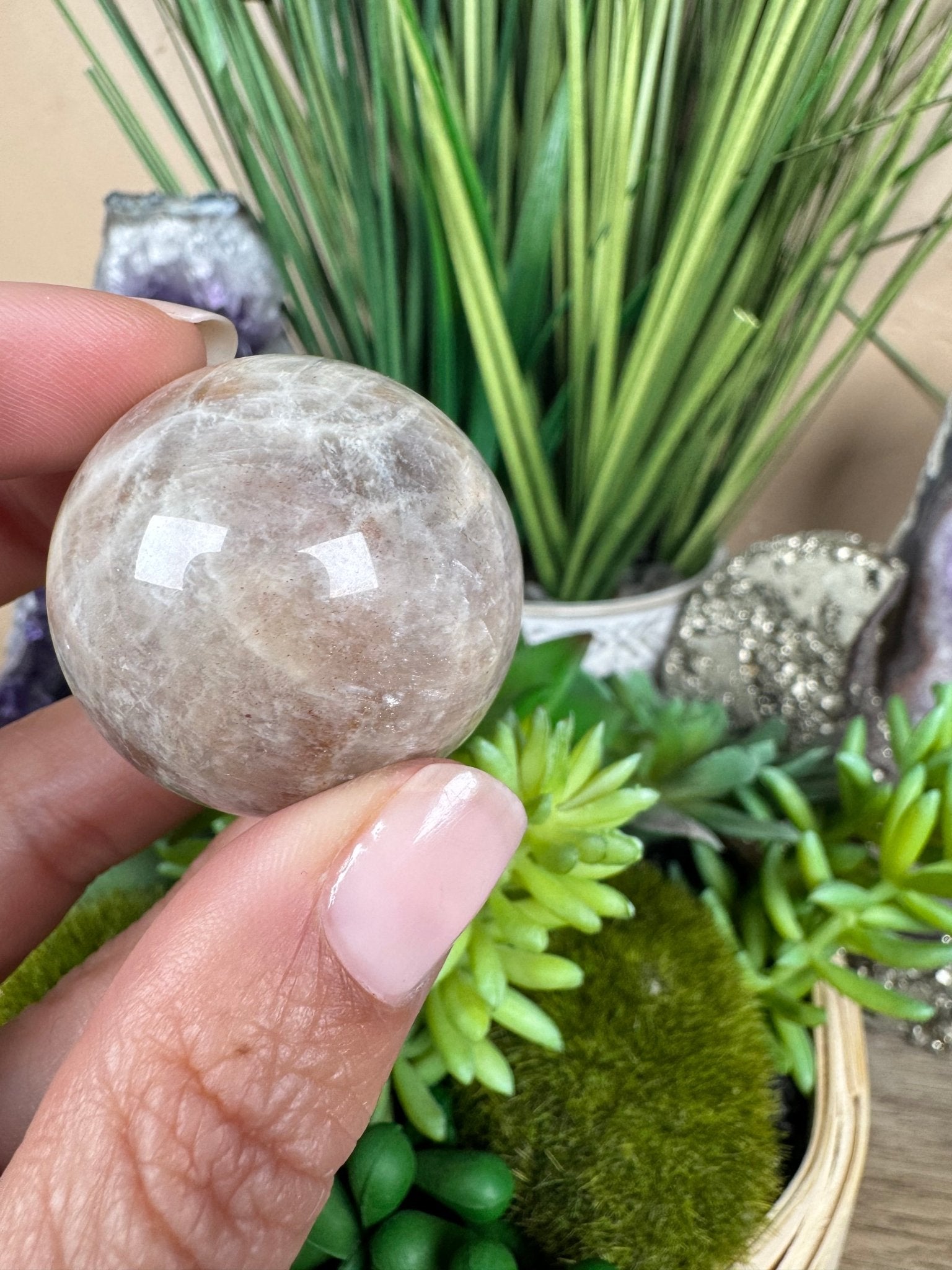 Moonstone Sunstone Sphere 33mm/1.33in - Purple Door Alchemy