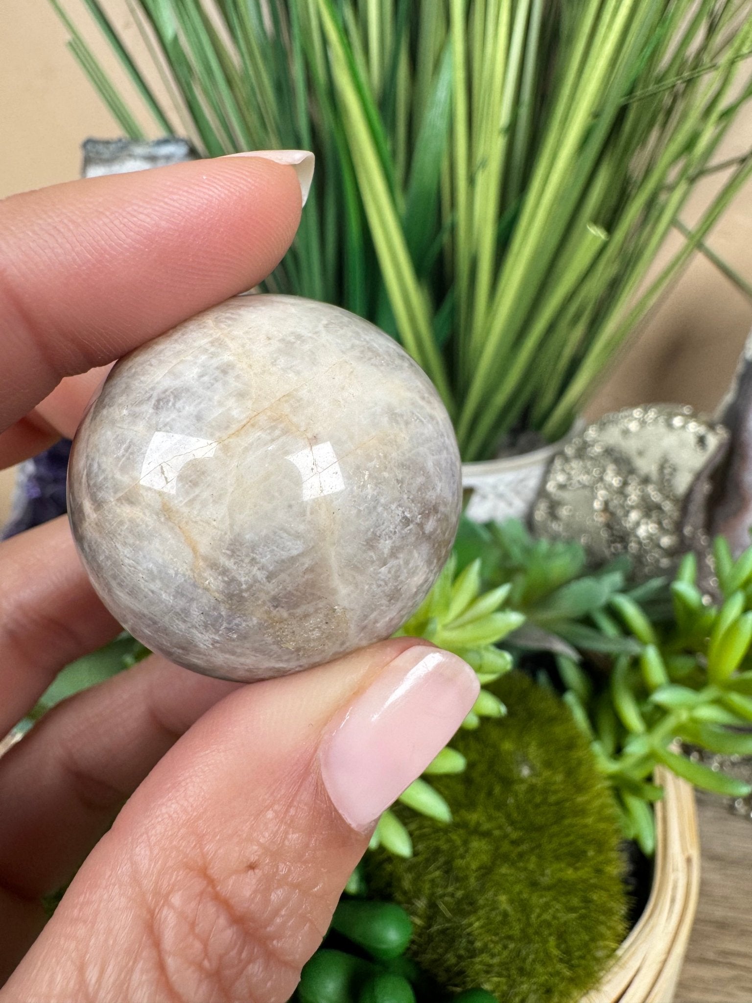 Moonstone Sunstone Sphere 33mm/1.33in - Purple Door Alchemy