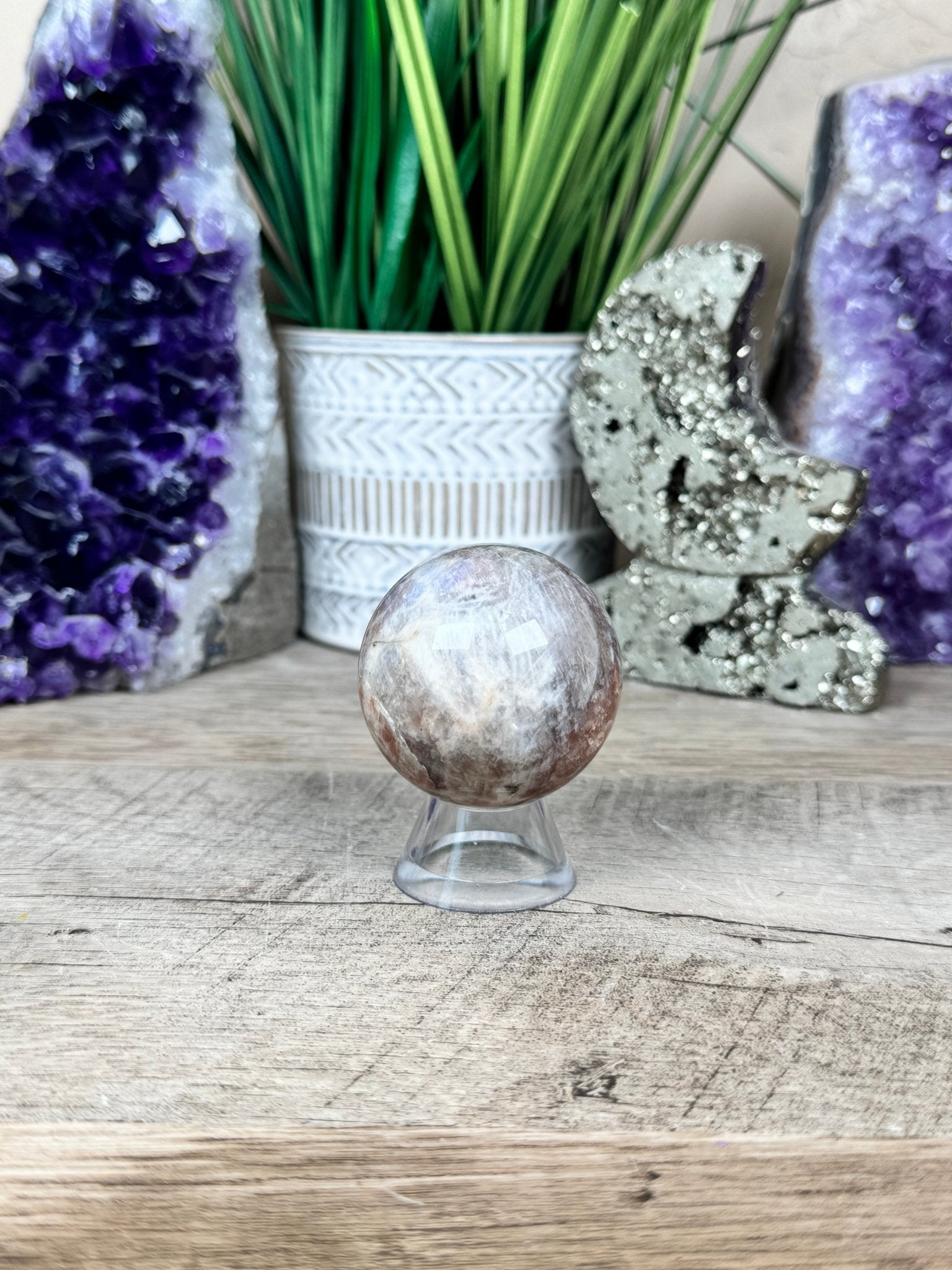 Moonstone Sunstone Sphere 45mm/1.79in - Purple Door Alchemy
