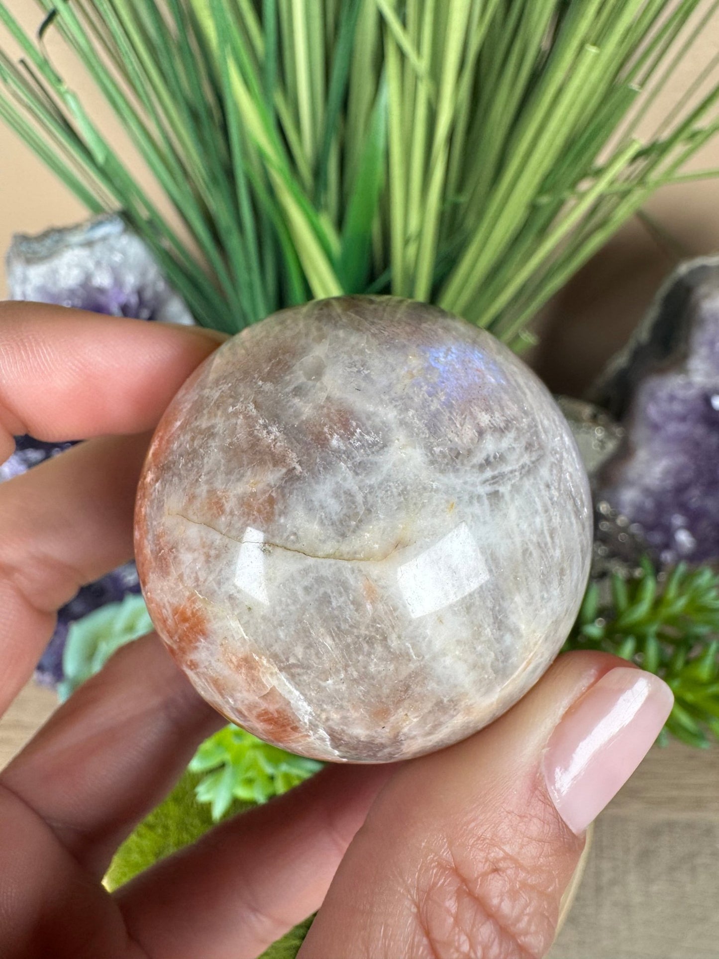 Moonstone Sunstone Sphere 45mm/1.79in - Purple Door Alchemy