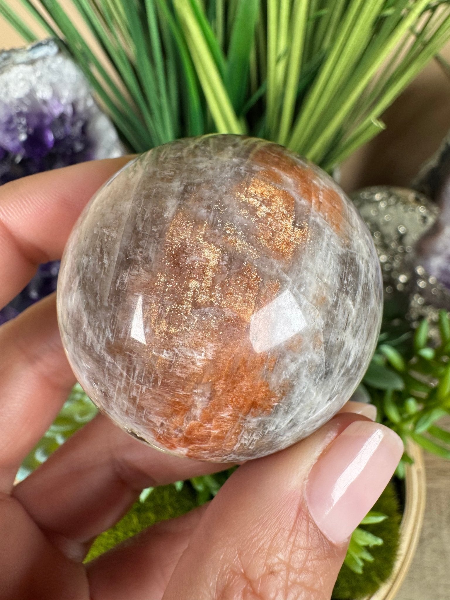 Moonstone Sunstone Sphere 45mm/1.79in - Purple Door Alchemy