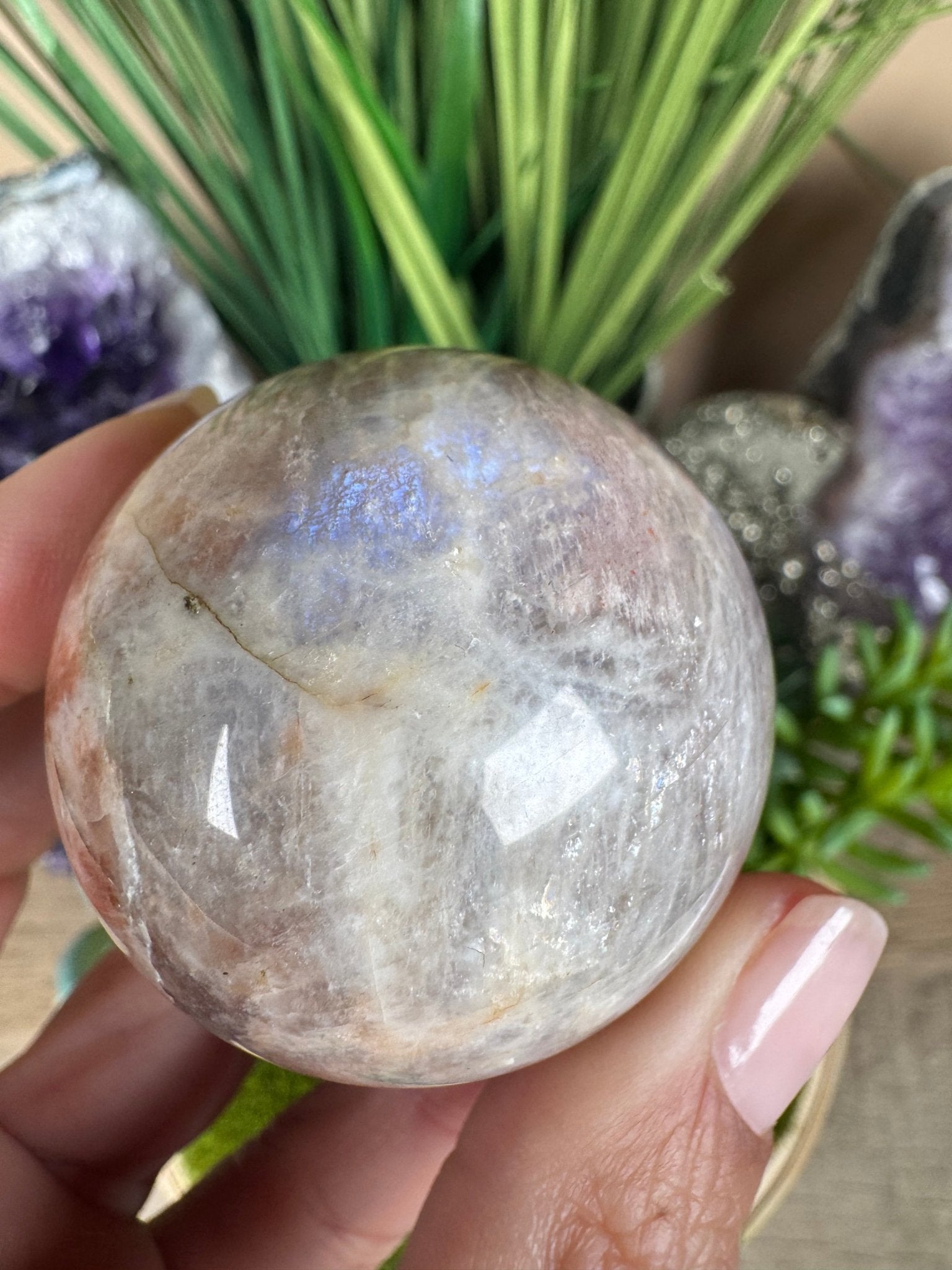 Moonstone Sunstone Sphere 45mm/1.79in - Purple Door Alchemy