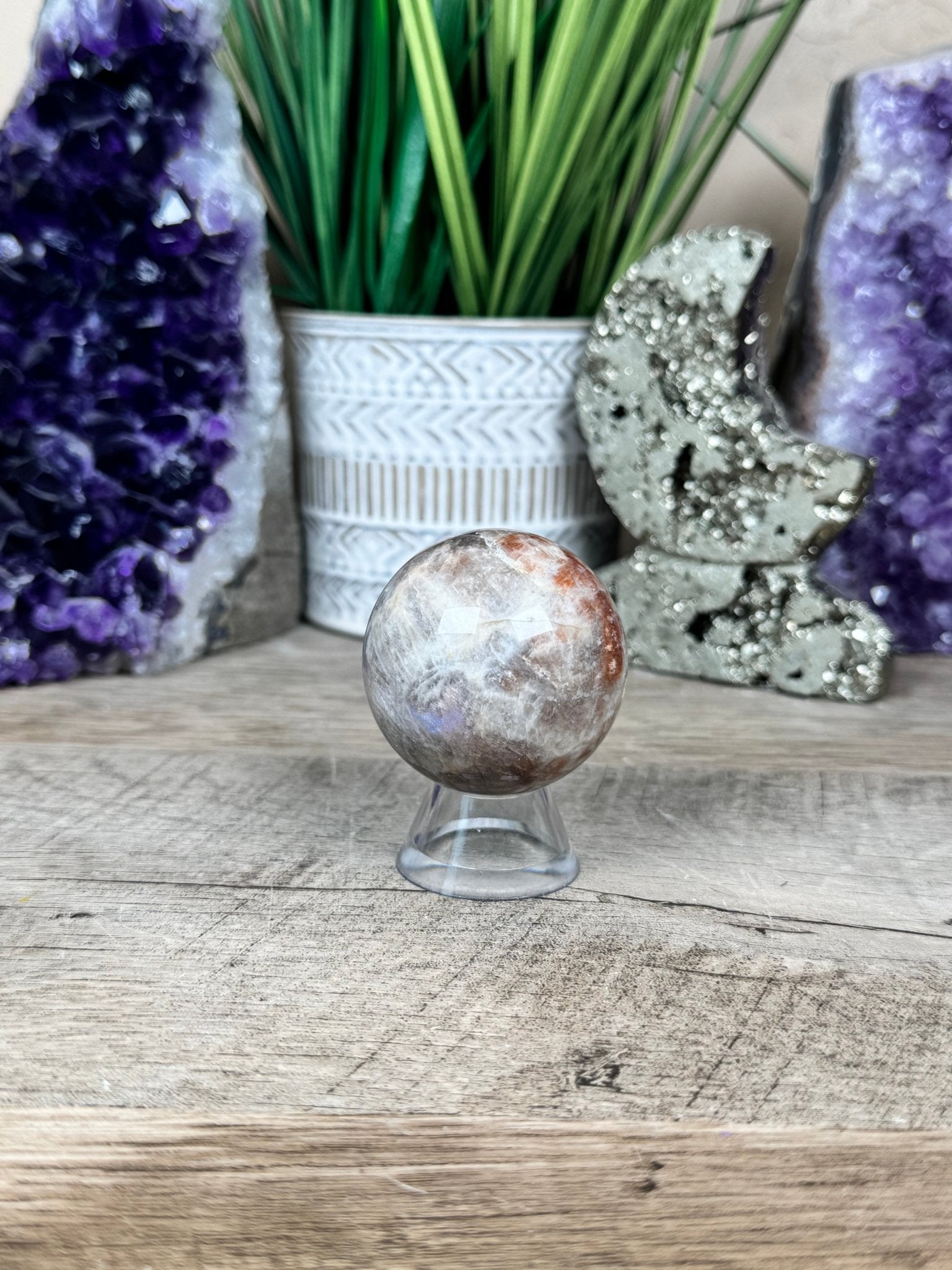 Moonstone Sunstone Sphere 45mm/1.79in - Purple Door Alchemy