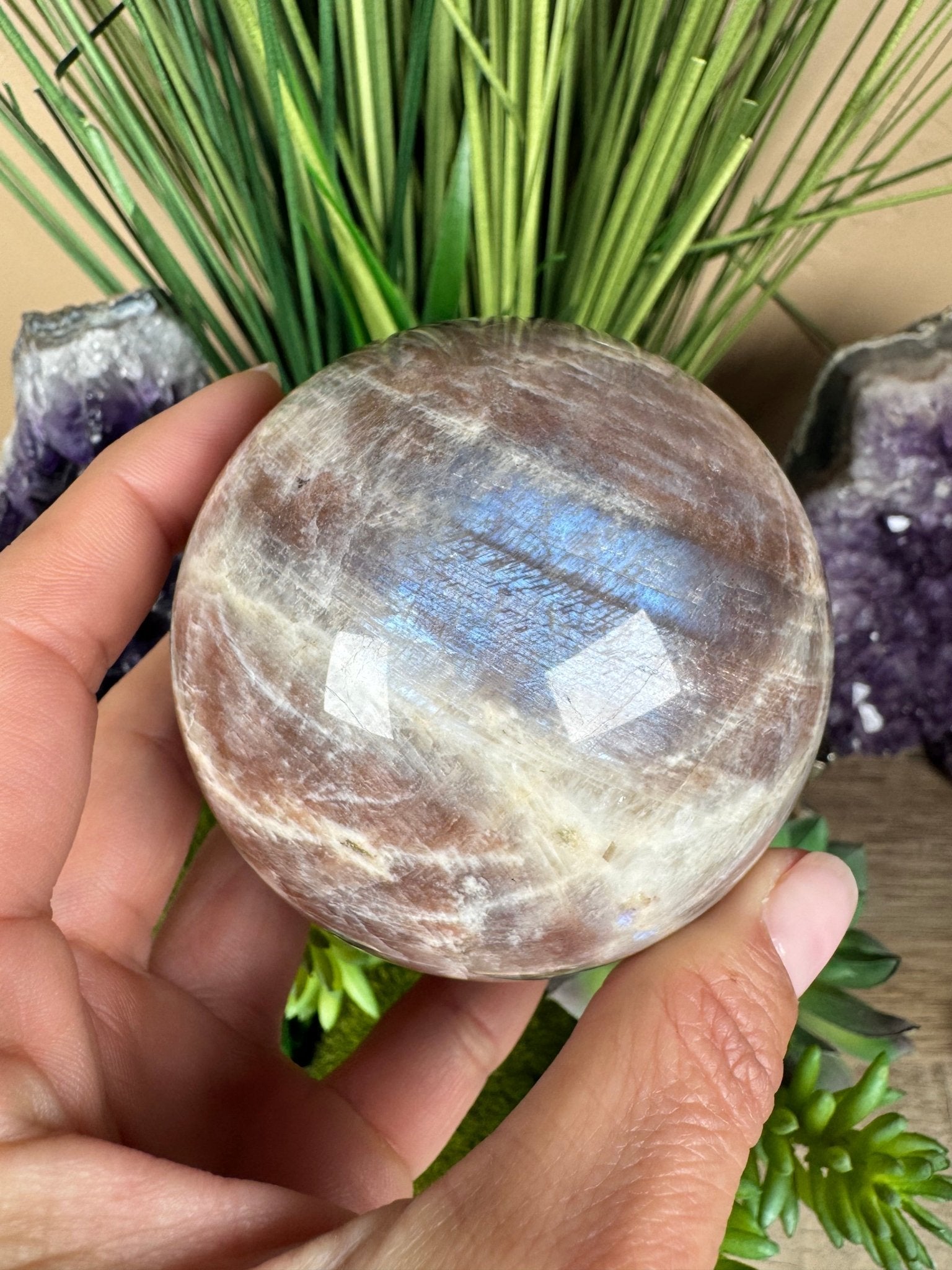 Moonstone Sunstone Sphere 73mm/2.89in - Purple Door Alchemy
