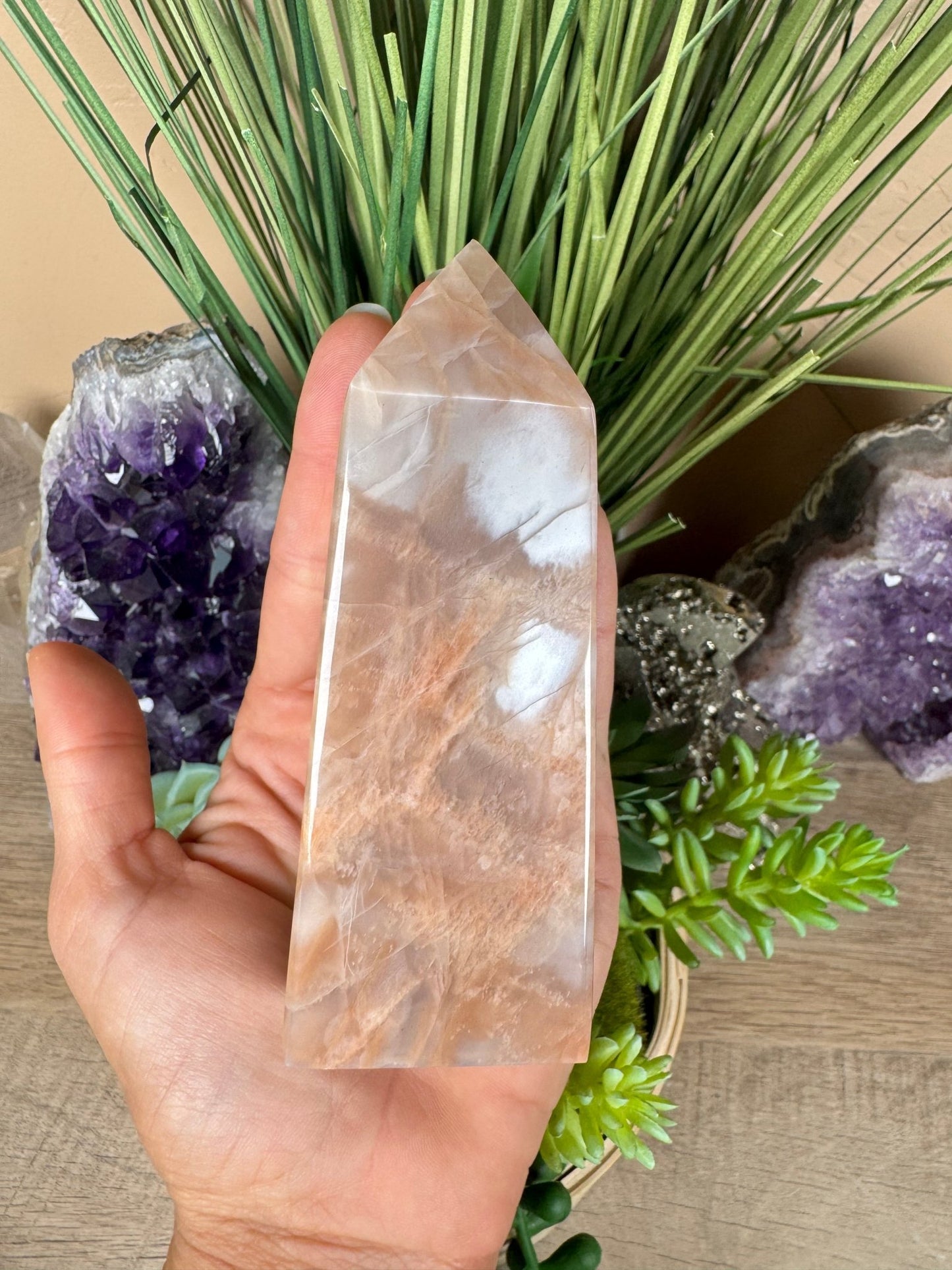 Peach Moonstone Obelisk 4.4in - Purple Door Alchemy