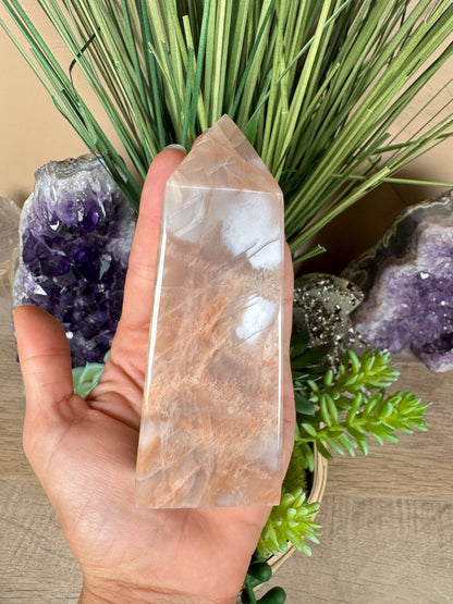 Peach Moonstone Obelisk 4.4in - Purple Door Alchemy