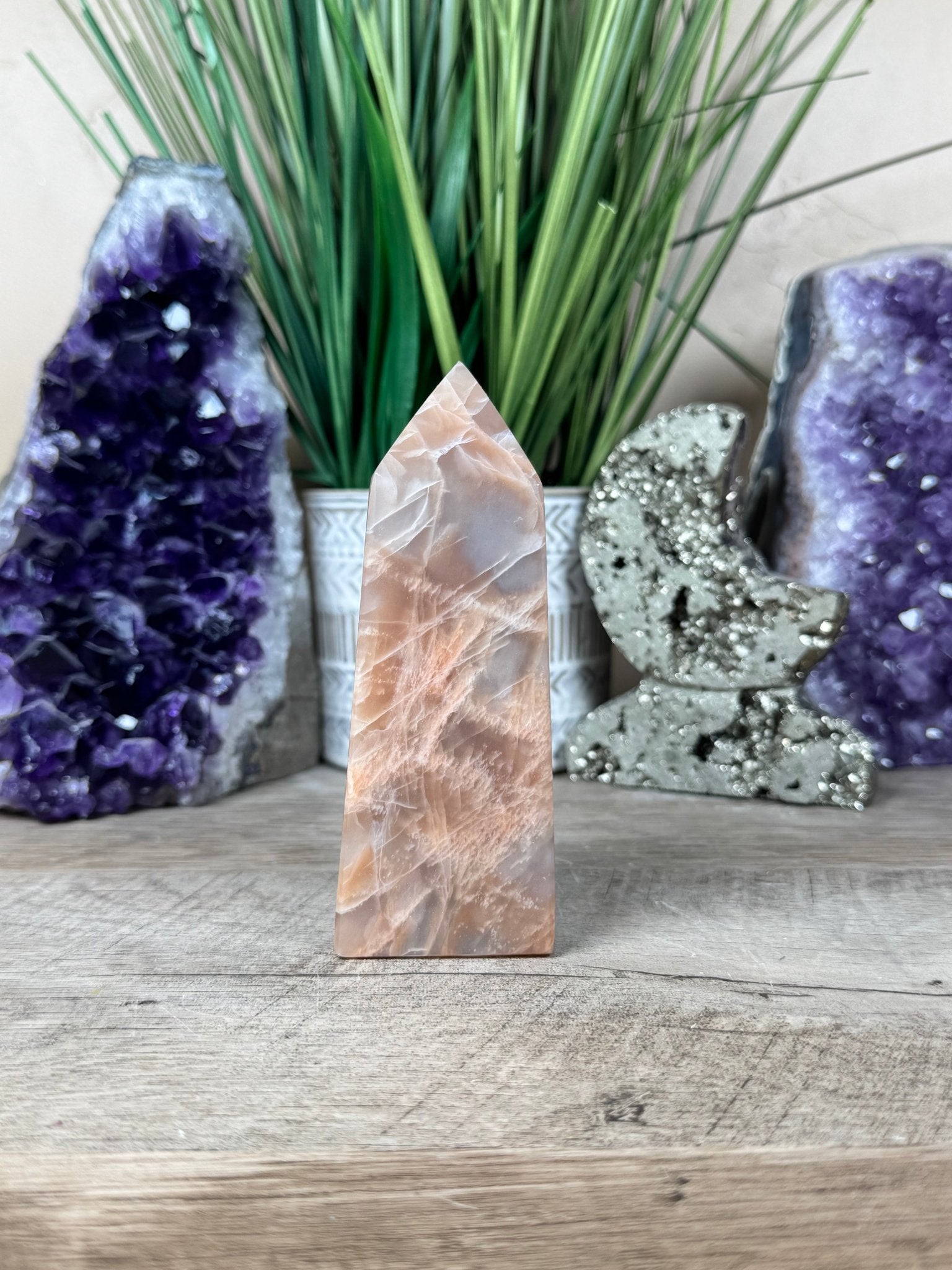 Peach Moonstone Obelisk 4.4in - Purple Door Alchemy