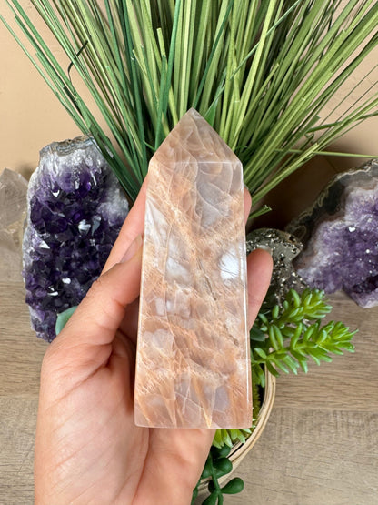 Peach Moonstone Obelisk 4.4in - Purple Door Alchemy
