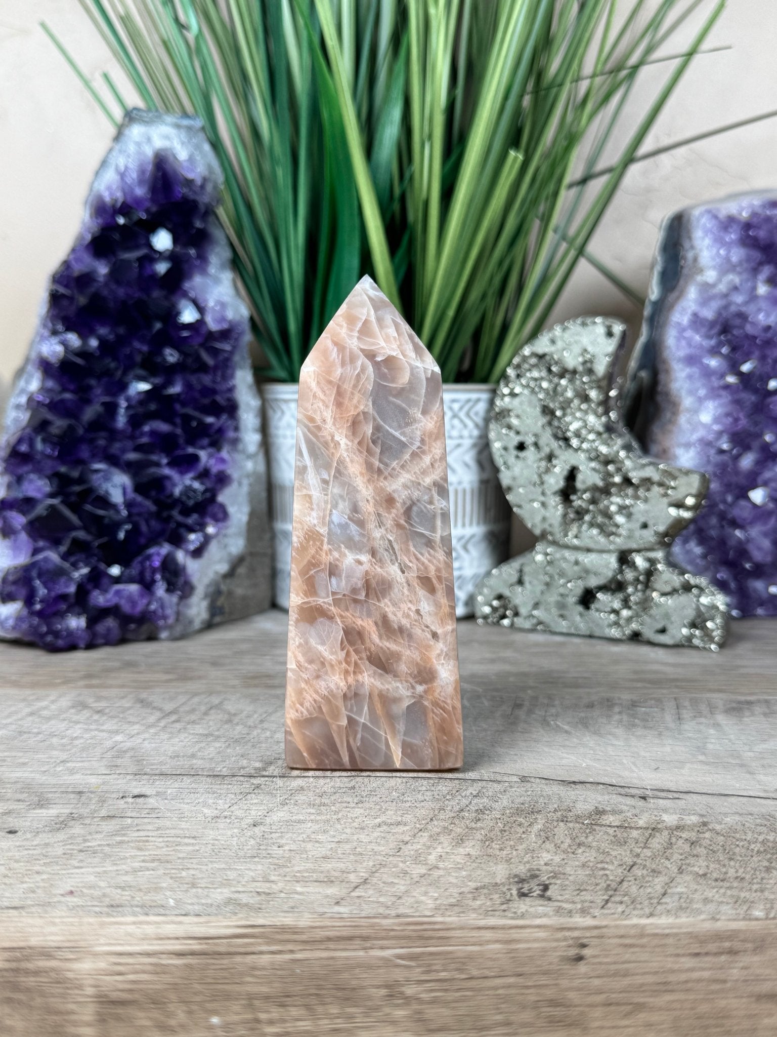 Peach Moonstone Obelisk 4.4in - Purple Door Alchemy