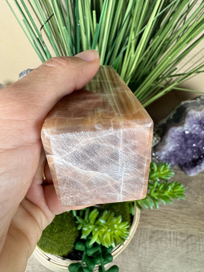 Peach Moonstone Obelisk 4.4in - Purple Door Alchemy