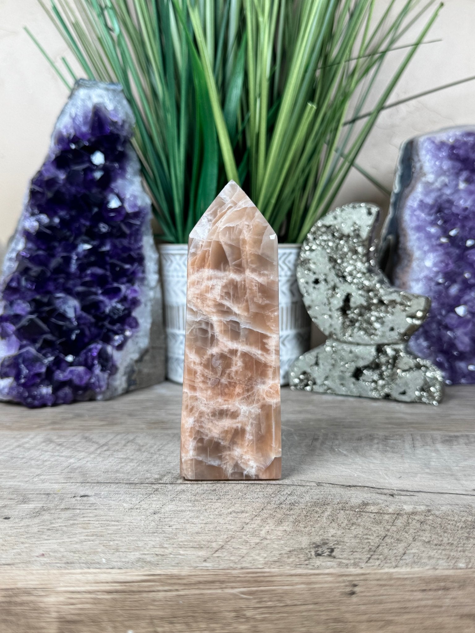 Peach Moonstone Obelisk 4.4in - Purple Door Alchemy
