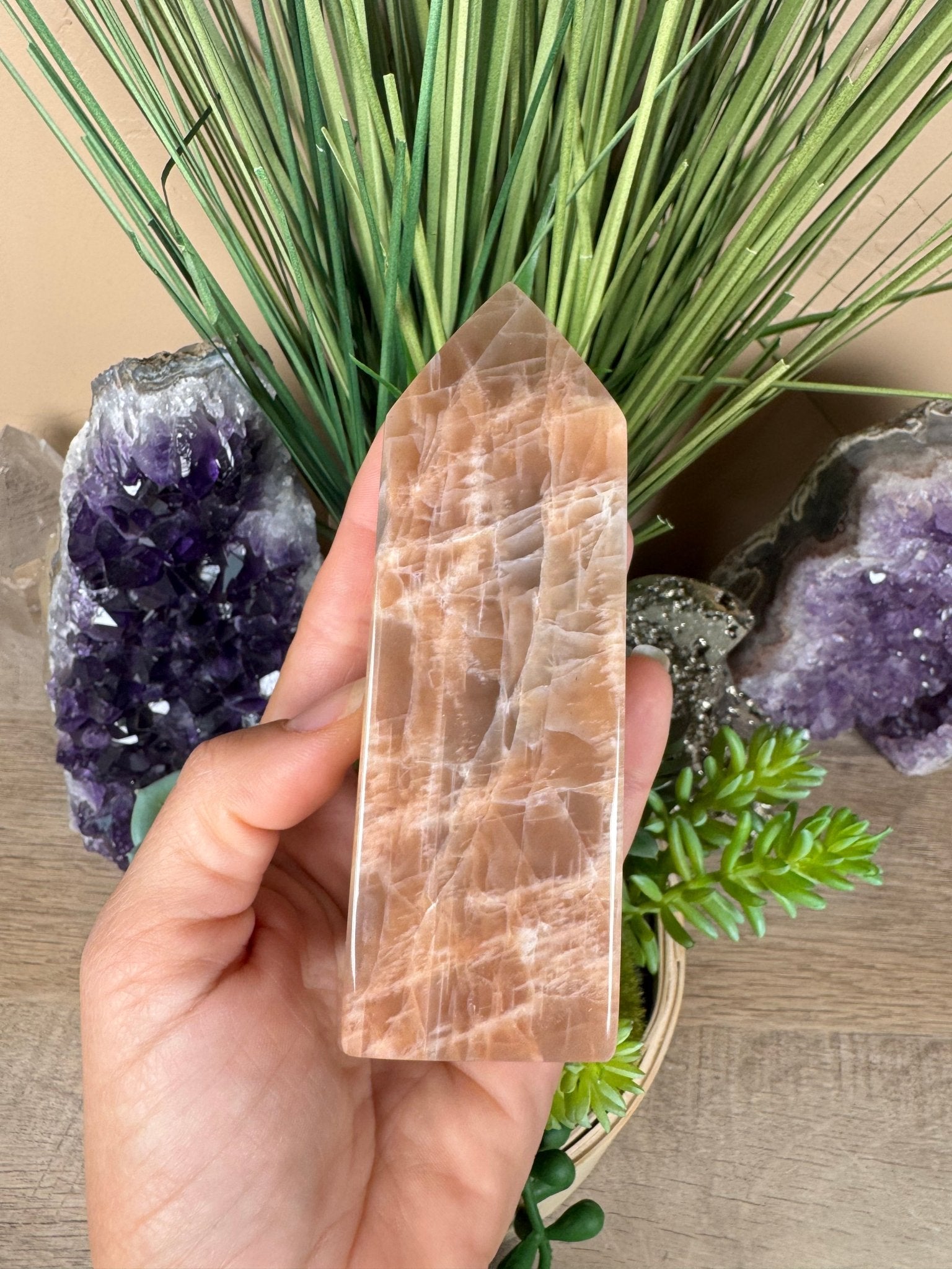 Peach Moonstone Obelisk 4.4in - Purple Door Alchemy