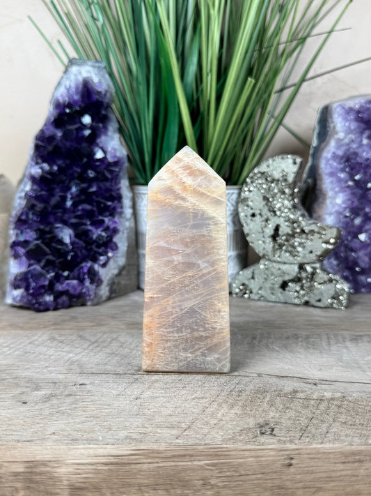 Peach Moonstone Obelisk 4.4in - Purple Door Alchemy