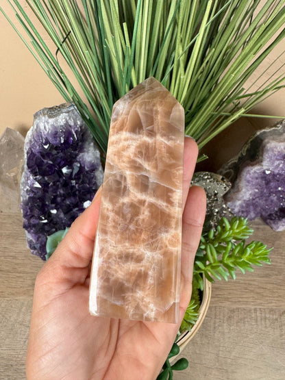 Peach Moonstone Obelisk 4.4in - Purple Door Alchemy