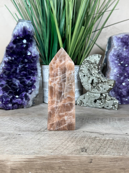 Peach Moonstone Obelisk 4.4in - Purple Door Alchemy