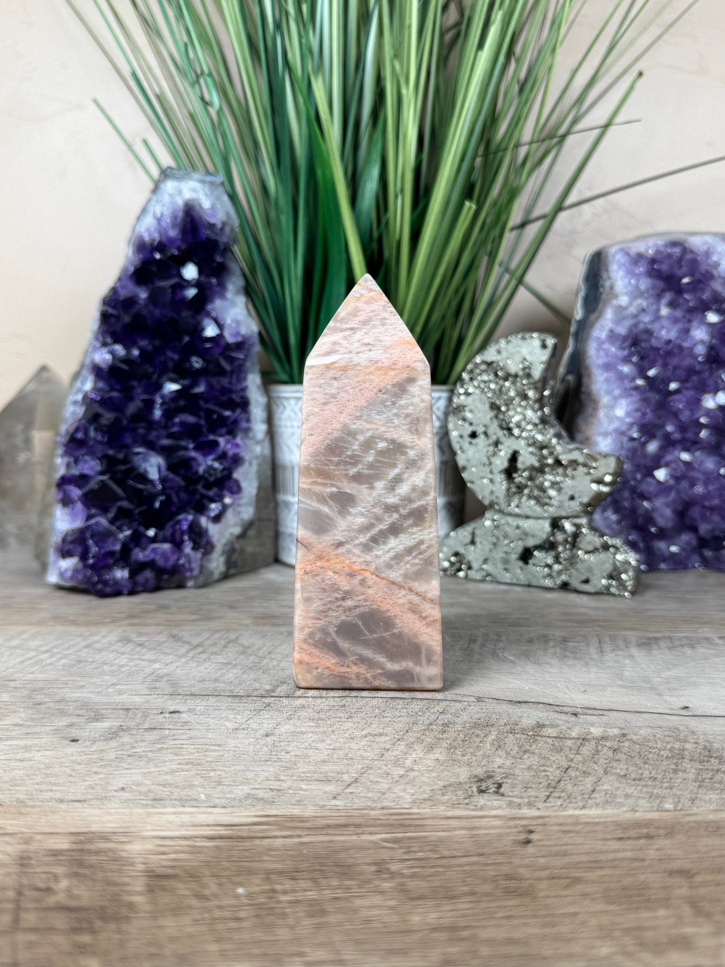 Peach Moonstone Obelisk 4.7in - Purple Door Alchemy