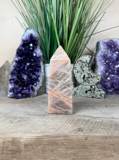 Peach Moonstone Obelisk 4.7in - Purple Door Alchemy