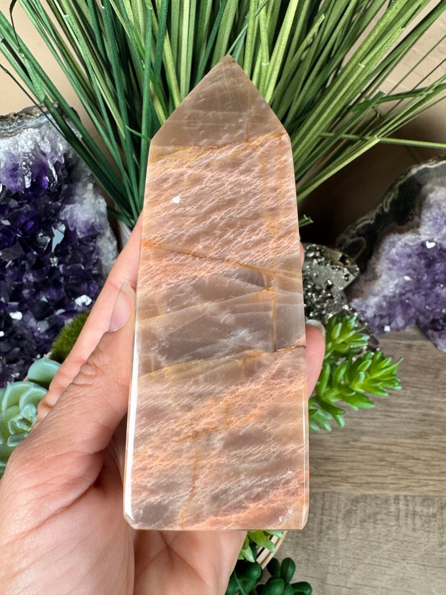 Peach Moonstone Obelisk 4.7in - Purple Door Alchemy