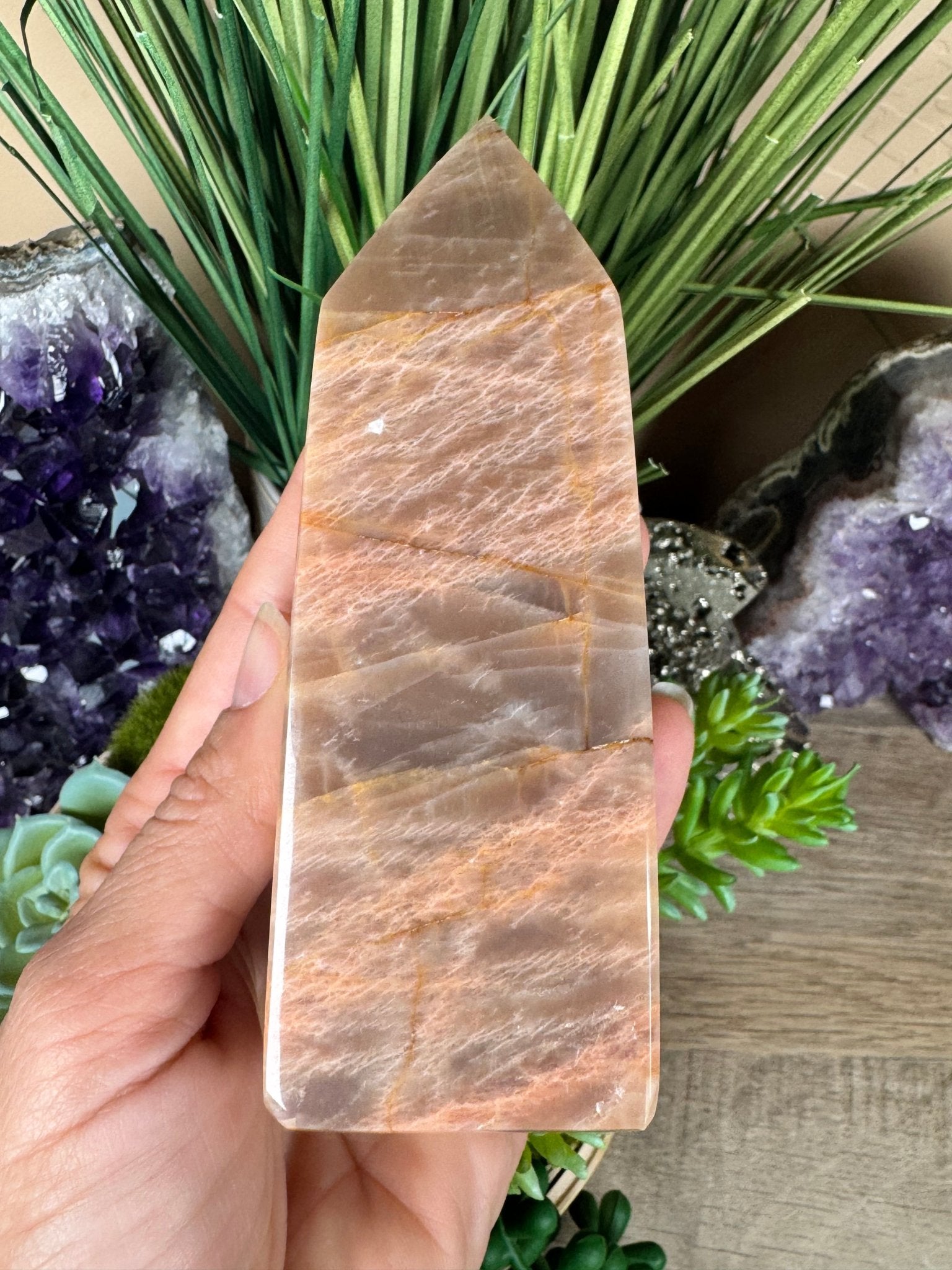 Peach Moonstone Obelisk 4.7in - Purple Door Alchemy