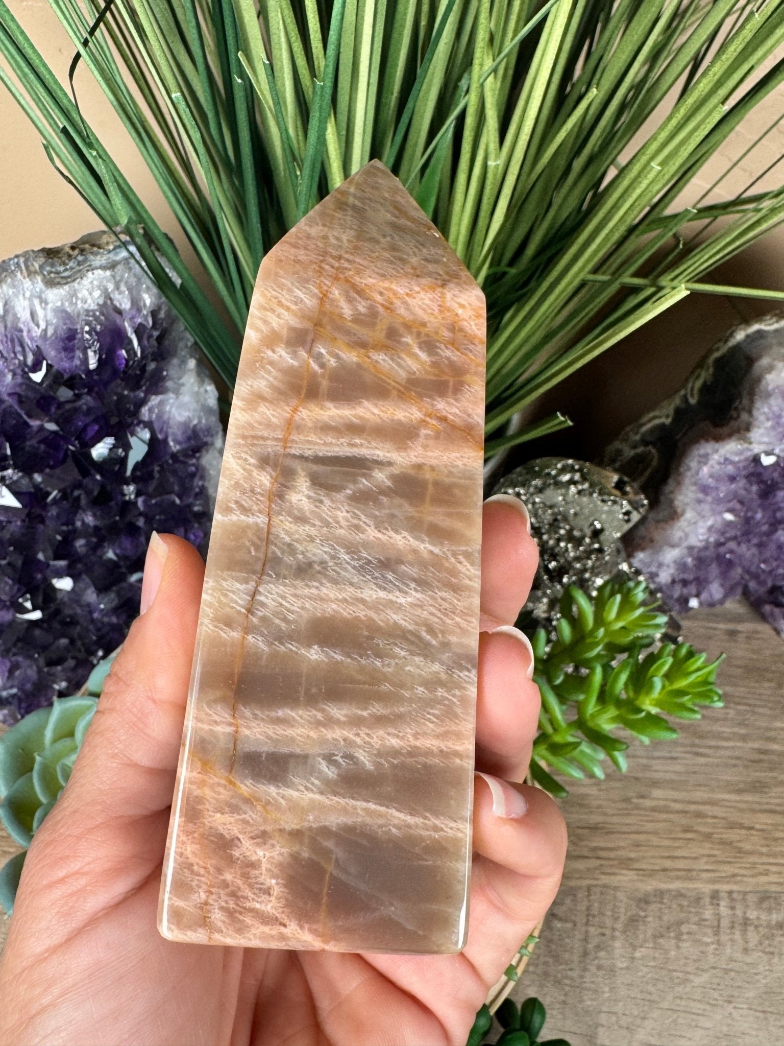Peach Moonstone Obelisk 4.7in - Purple Door Alchemy