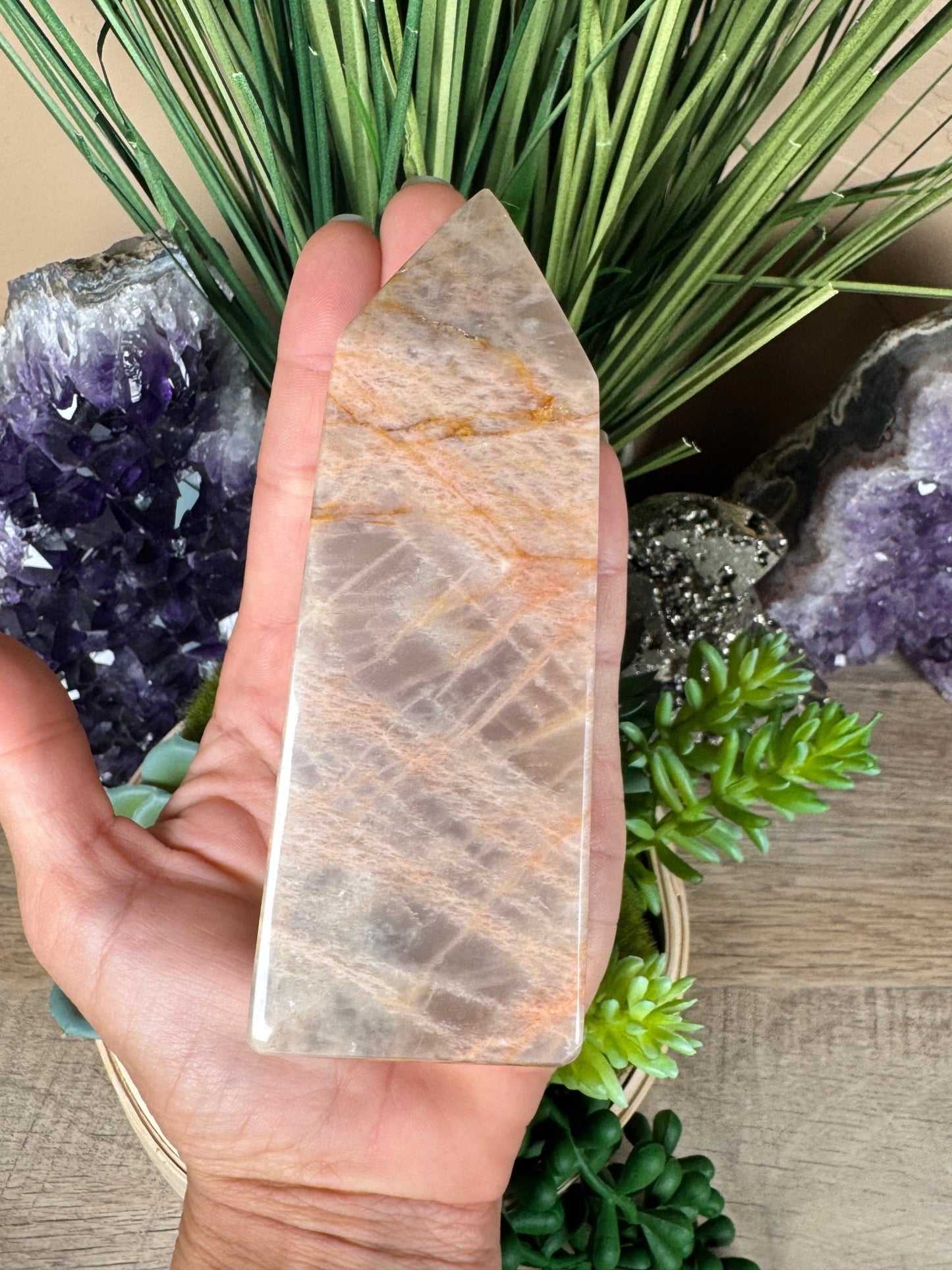 Peach Moonstone Obelisk 4.7in - Purple Door Alchemy