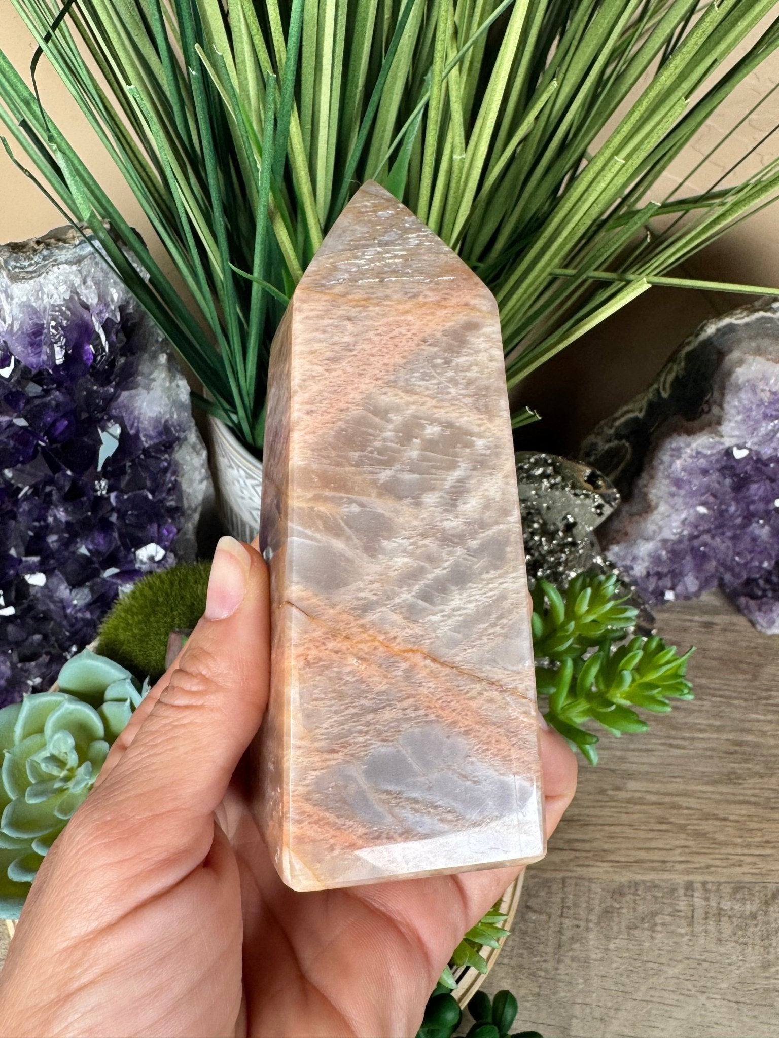 Peach Moonstone Obelisk 4.7in - Purple Door Alchemy