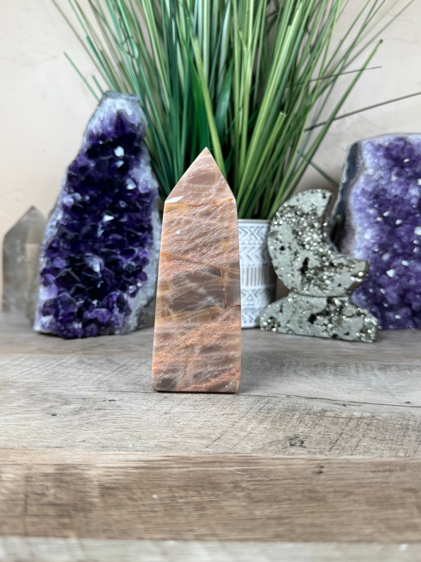 Peach Moonstone Obelisk 4.7in - Purple Door Alchemy