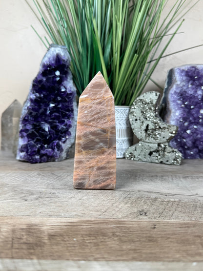 Peach Moonstone Obelisk 4.7in - Purple Door Alchemy
