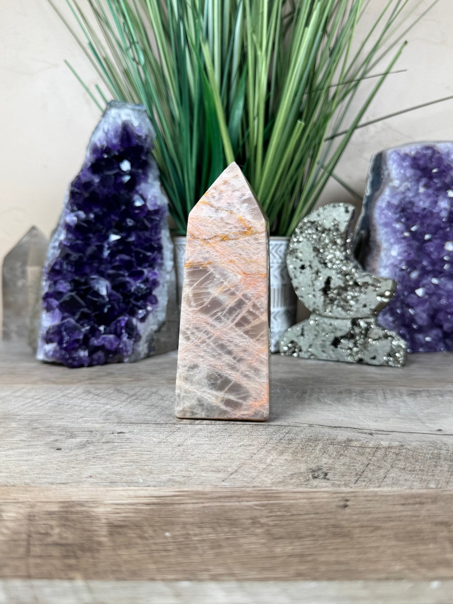 Peach Moonstone Obelisk 4.7in - Purple Door Alchemy