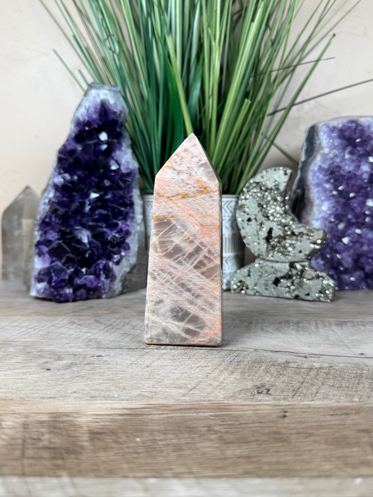 Peach Moonstone Obelisk 4.7in - Purple Door Alchemy