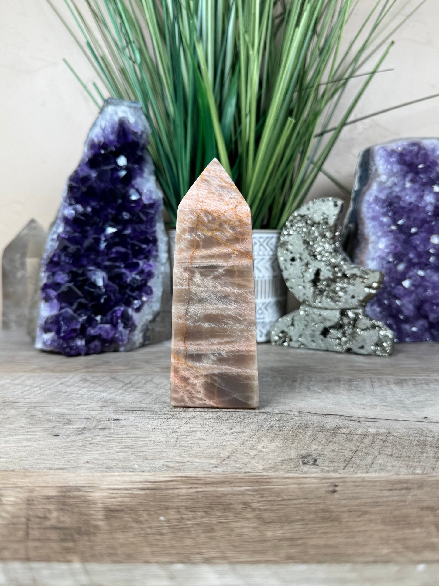 Peach Moonstone Obelisk 4.7in - Purple Door Alchemy