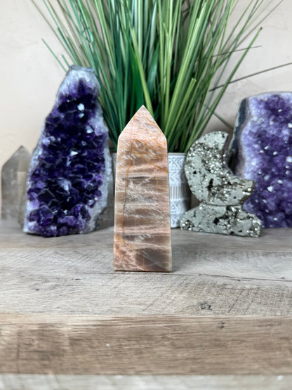 Peach Moonstone Obelisk 4.7in - Purple Door Alchemy