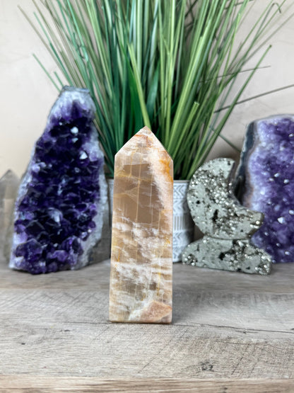 Peach Moonstone Obelisk 5.1in - Purple Door Alchemy