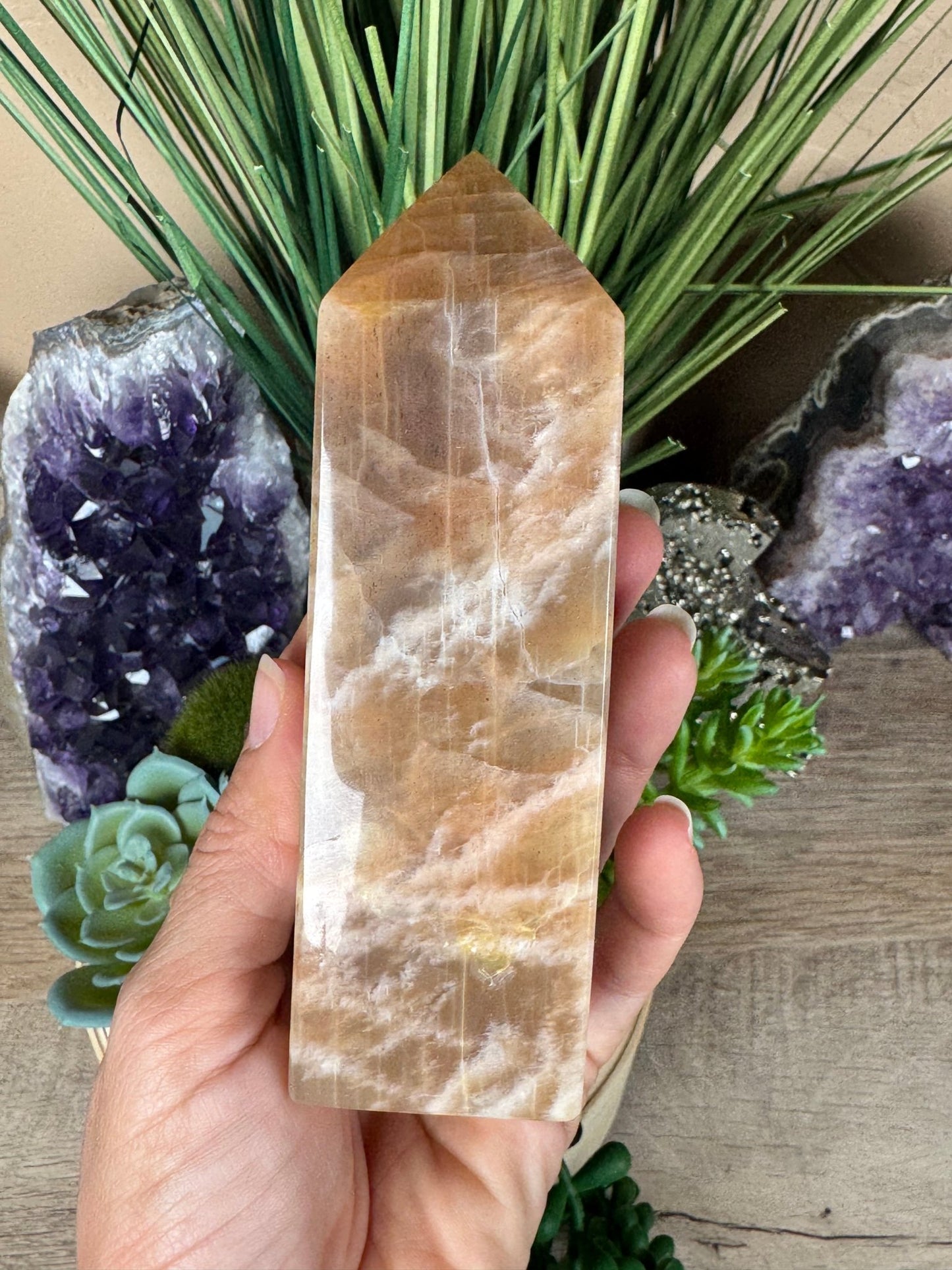 Peach Moonstone Obelisk 5.1in - Purple Door Alchemy