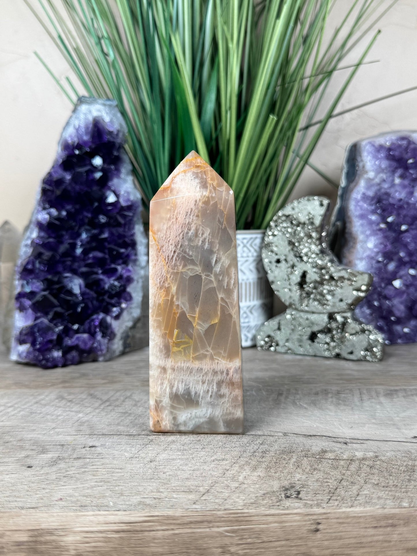 Peach Moonstone Obelisk 5.1in - Purple Door Alchemy