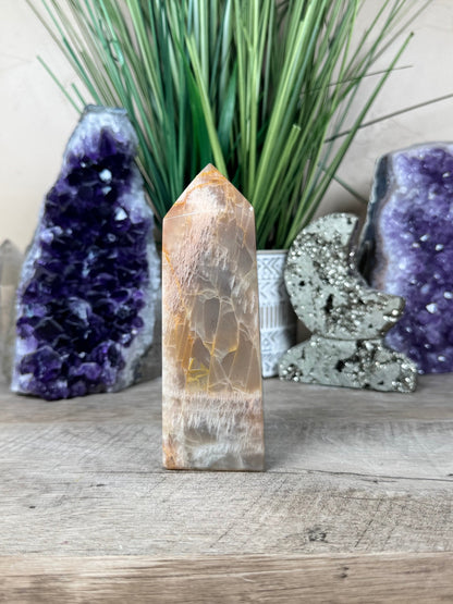 Peach Moonstone Obelisk 5.1in - Purple Door Alchemy