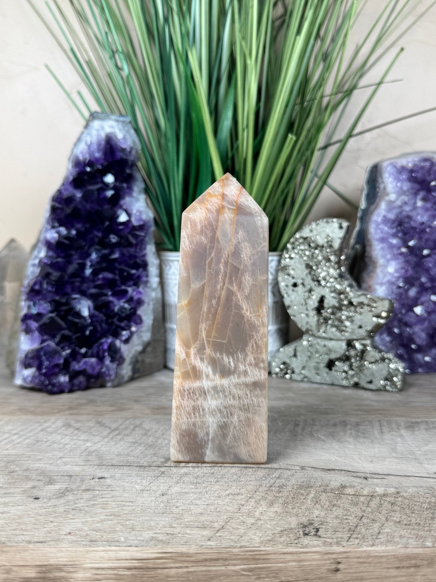 Peach Moonstone Obelisk 5.1in - Purple Door Alchemy