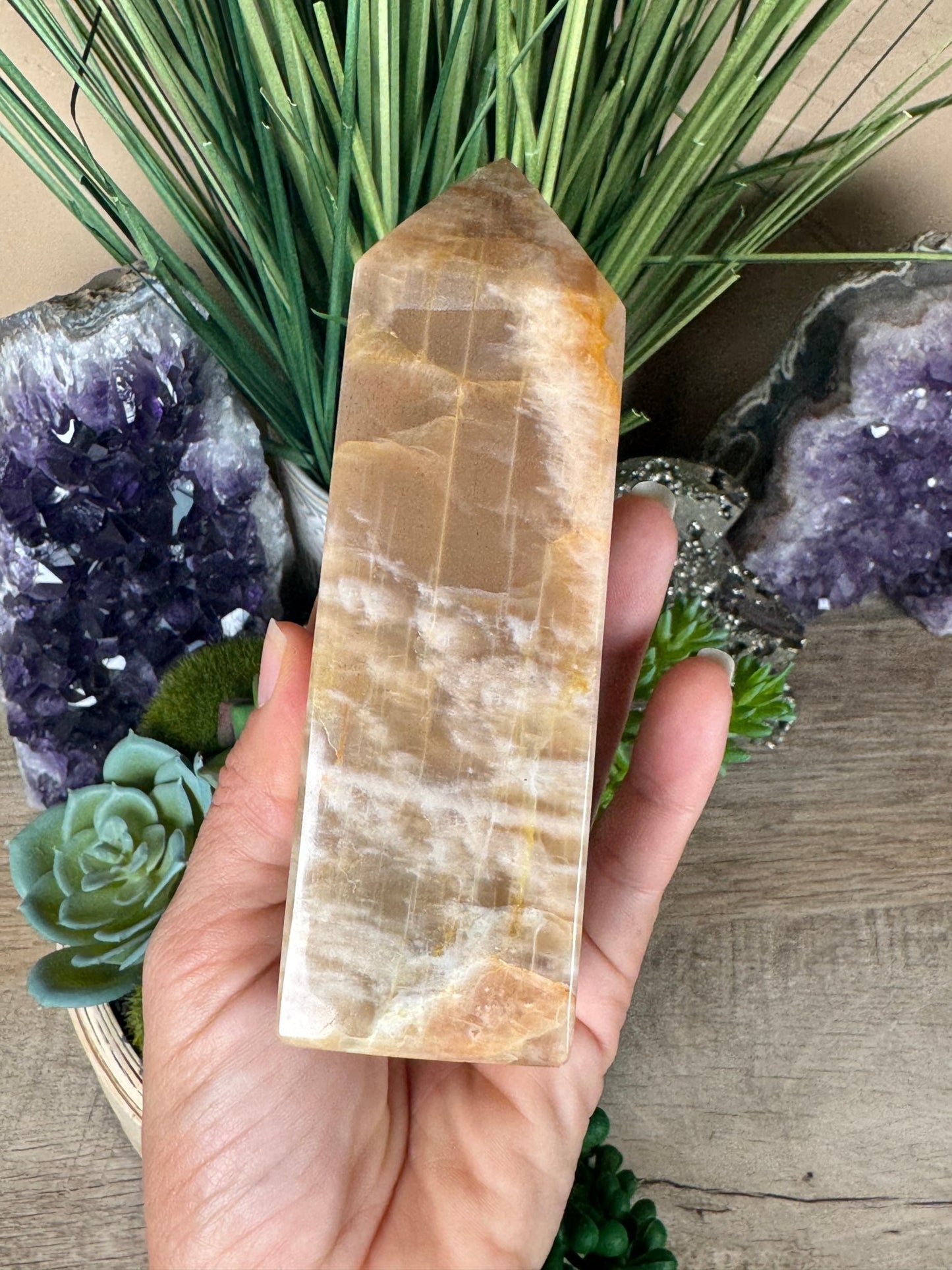 Peach Moonstone Obelisk 5.1in - Purple Door Alchemy
