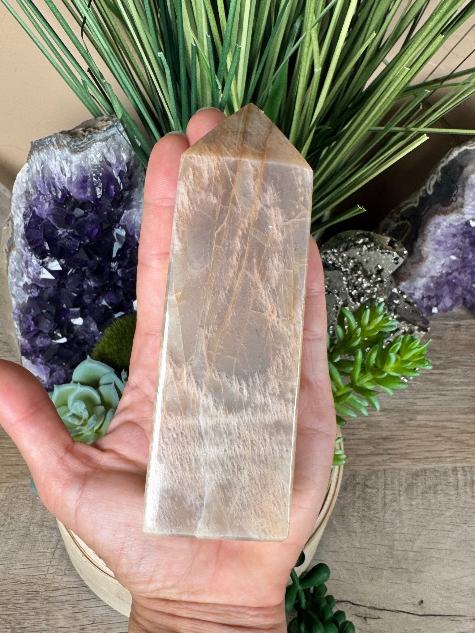 Peach Moonstone Obelisk 5.1in - Purple Door Alchemy