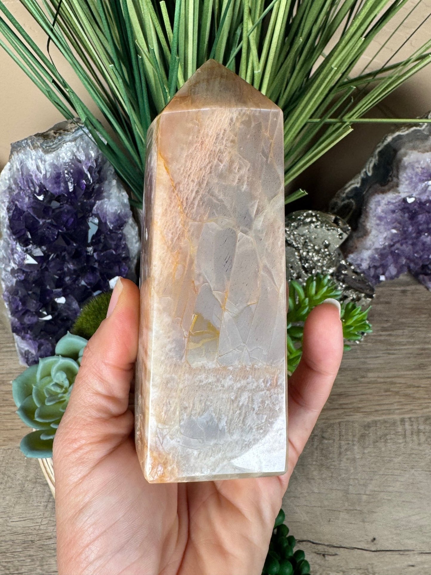 Peach Moonstone Obelisk 5.1in - Purple Door Alchemy