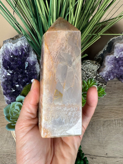 Peach Moonstone Obelisk 5.1in - Purple Door Alchemy