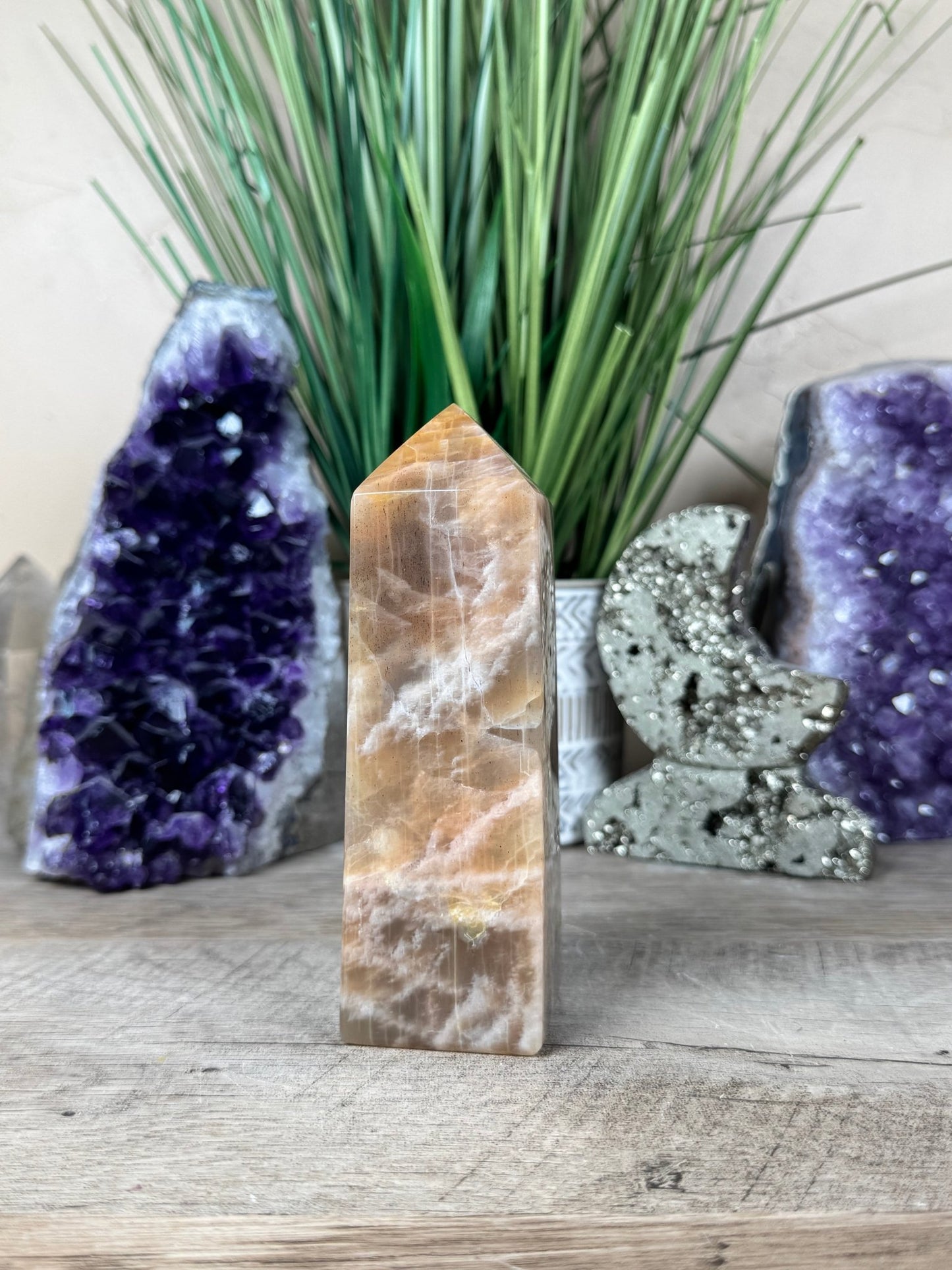 Peach Moonstone Obelisk 5.1in - Purple Door Alchemy